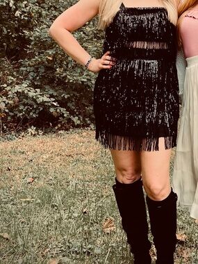Black Sequin Fringe Mini Skirt Set